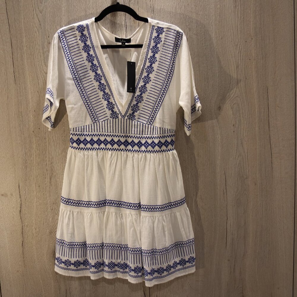 Lulu's Gone to Greece White Embroidered Short Sleeve V-Neck Mini Dress